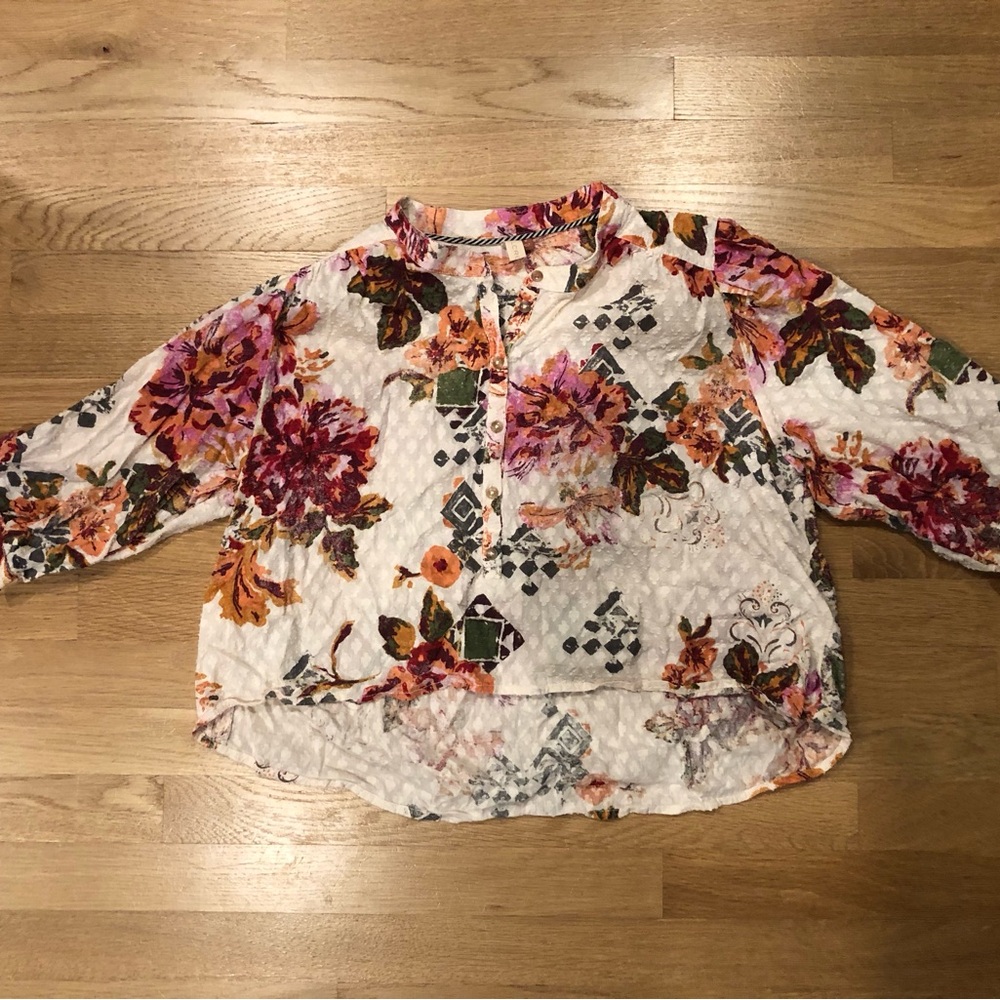 Pilcro White Floral Peasant Blouse with Pink, Orange & Green Accents